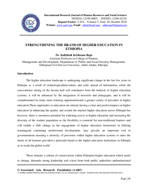 (PDF) STRENGTHENING THE BRAND OF HIGHER EDUCATION IN ETHIOPIA