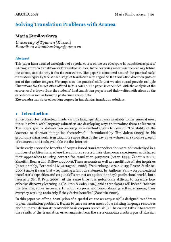 (PDF) Solving Translation Problems with Aranea