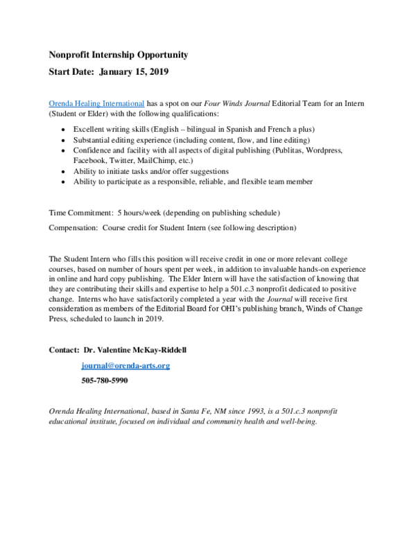 (DOC) Nonprofit Internship Opportunity Valentine McKayRiddell PhD