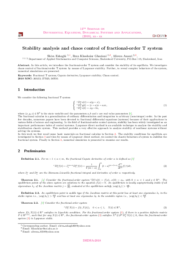 (PDF) Stability analysis and chaos control of fractional-order T system