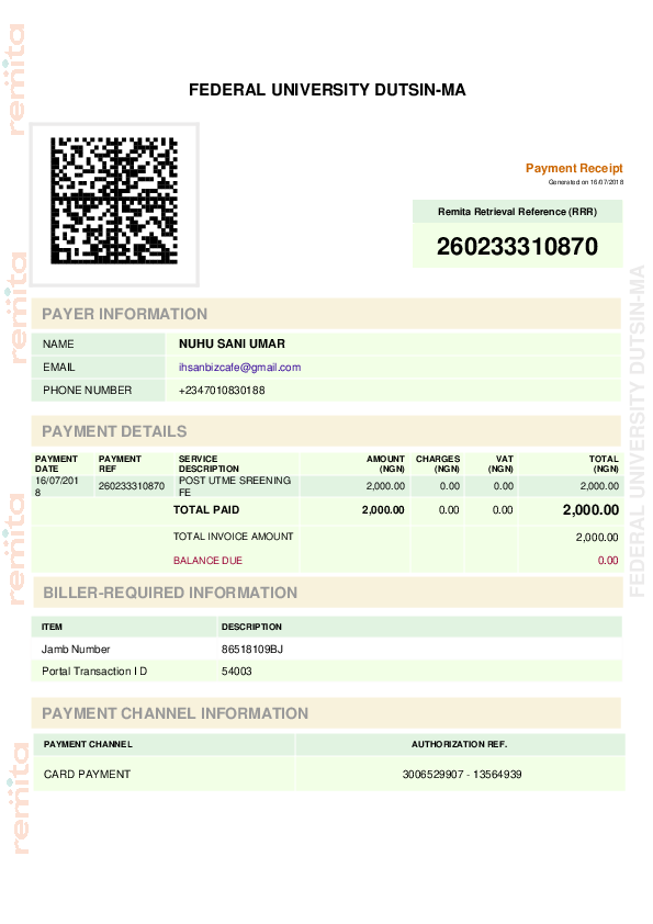 (PDF) Payment Receipt Remita Retrieval Reference (RRR) FEDERAL