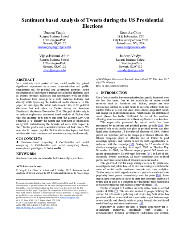 (PDF) Sentiment based Analysis of Tweets during the US Presidential ...