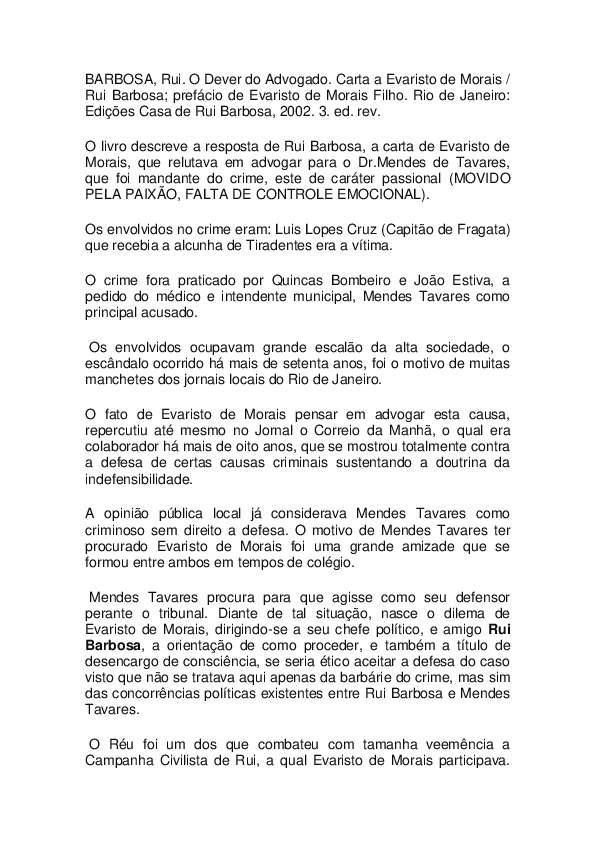 (DOC) Resenha texto de RUI BARBOSA