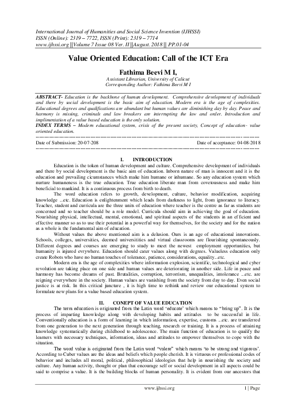 (PDF) Published paper value oroented education FATHIMA BEEVI M I