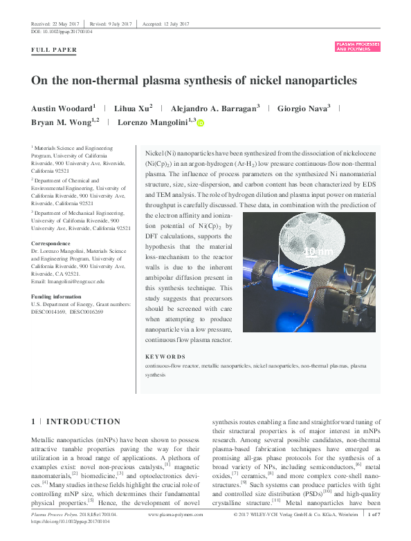 (PDF) On the Non-Thermal Plasma Synthesis of Nickel Nanoparticles.