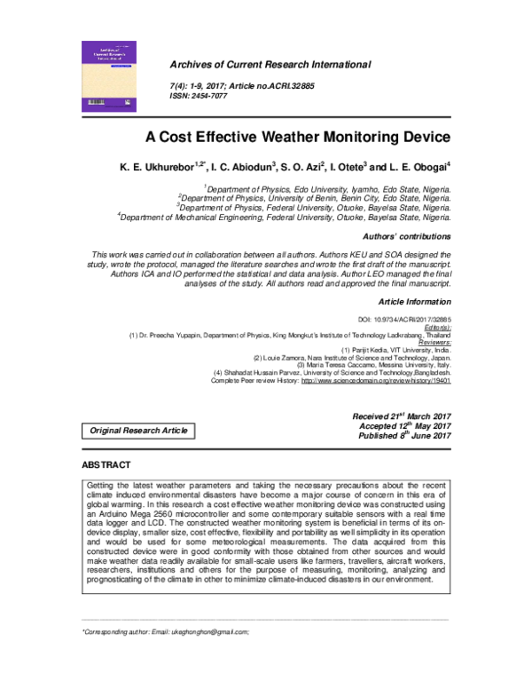 (PDF) A Cost Effective Weather Monitoring Device Kingsley E Ukhurebor