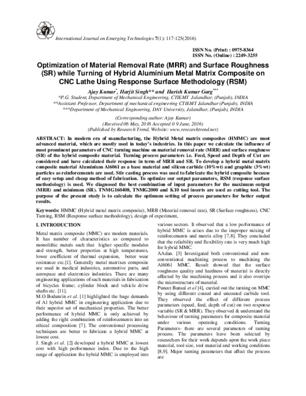 (PDF) Optimization of Material Removal Rate (MRR) and Surface Roughness ...