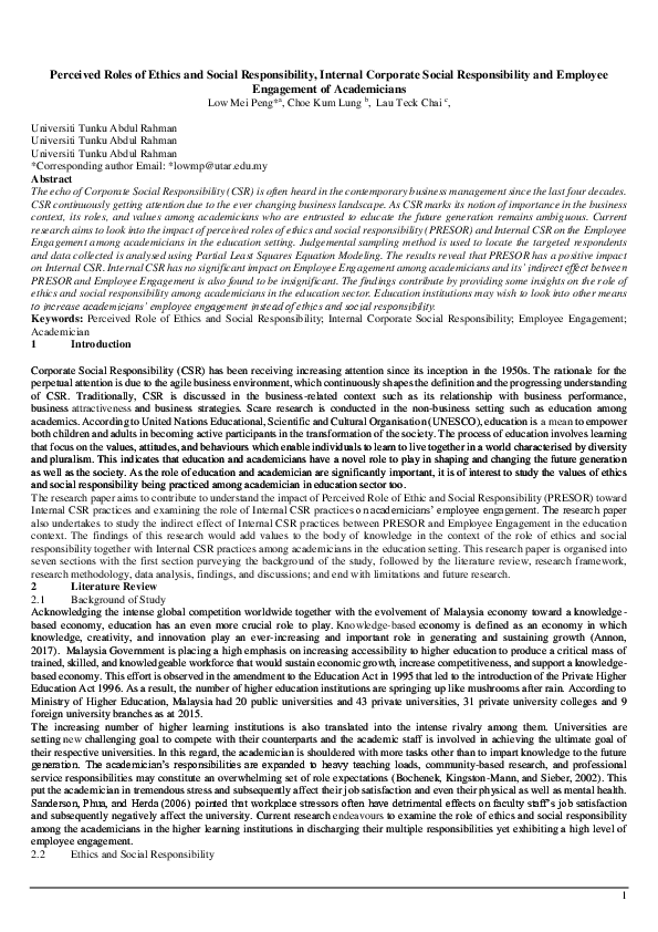 (PDF) Perceived Roles of Ethics and Social Responsibility, Internal ...