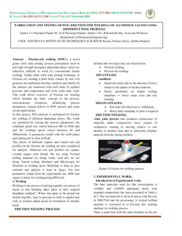 (PDF) FABRICATION AND TESTING OF FSW FRICTION STIR WELDING OF ALUMINIUM ...