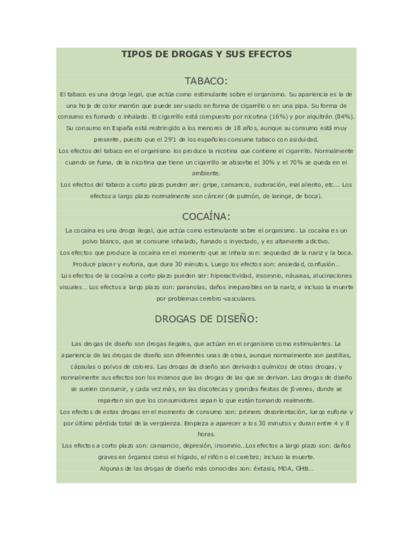 Doc Tipos De Drogas Y Sus Efectos Doc Tipos De Drogas Y Sus Efectos