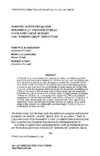 (PDF) HYPNOTIC HYPERMNESIA FOR SUBLIMINALLY ENCODED STIMULI: STATE ...