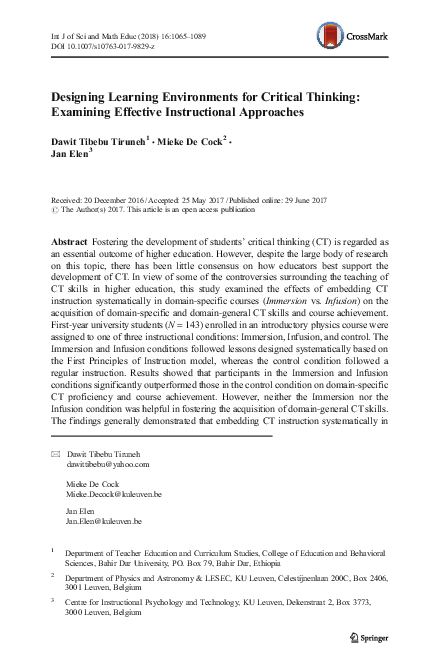 (PDF) Designing Learning Environments for Critical Thinking: Examining ...