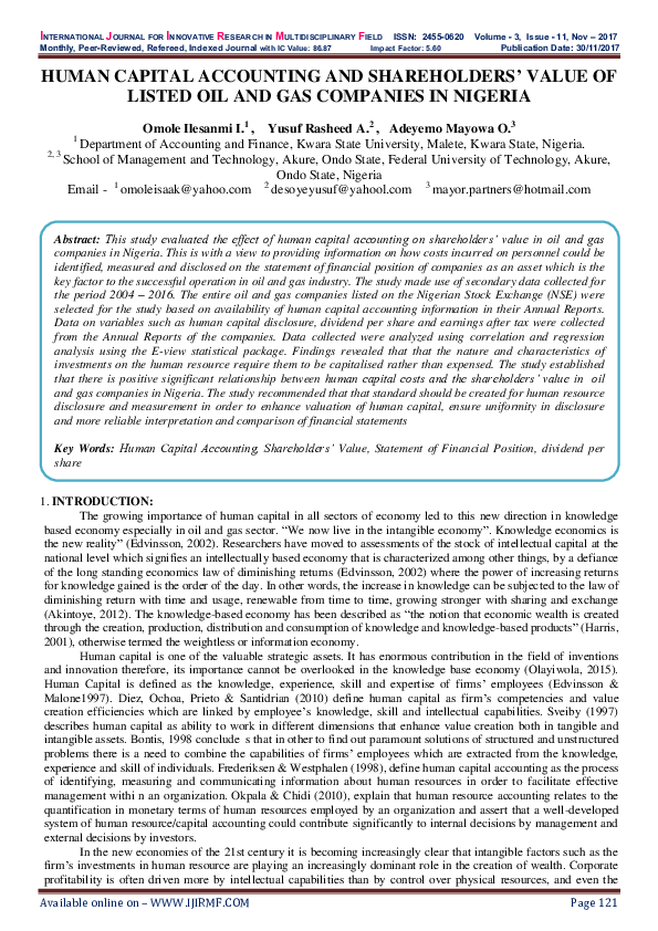 (PDF) HUMAN CAPITAL ACCOUNTING AND SHAREHOLDERS' VALUE OF LISTED OIL ...