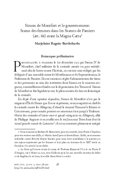 Simon de Montfort et le gouvernement: statut des femmes dans les Statuts de Pamiers (art. 46) avant la Magna Carta, Medieval Feminist Forum, 2017, 53, p. 38-90.