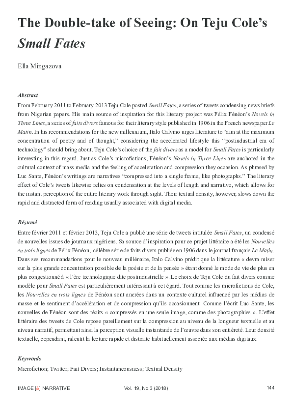 (PDF) The Double-take of Seeing: On Teju Cole's Small Fates