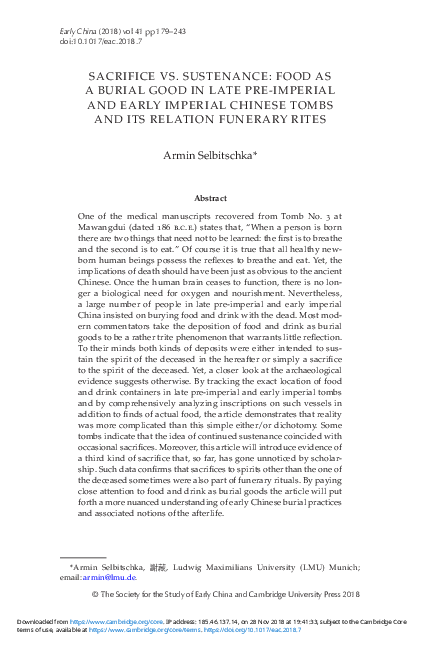 Pdf Sacrifice Vs Sustenance Food As A Burial Good In Late Pre Imperial And Early Imperial Chinese Tombs And Its Relation To Funerary Rites Armin Selbitschka Academia Edu