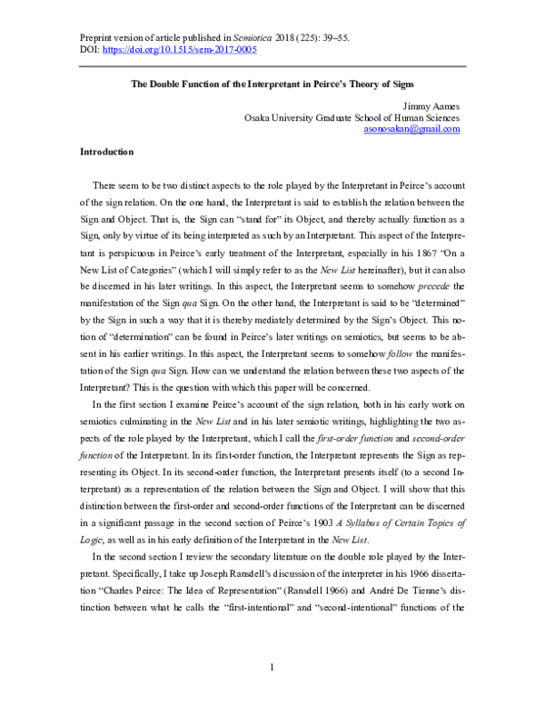 (PDF) The Double Function of the Interpretant in Peirce's Theory of Signs