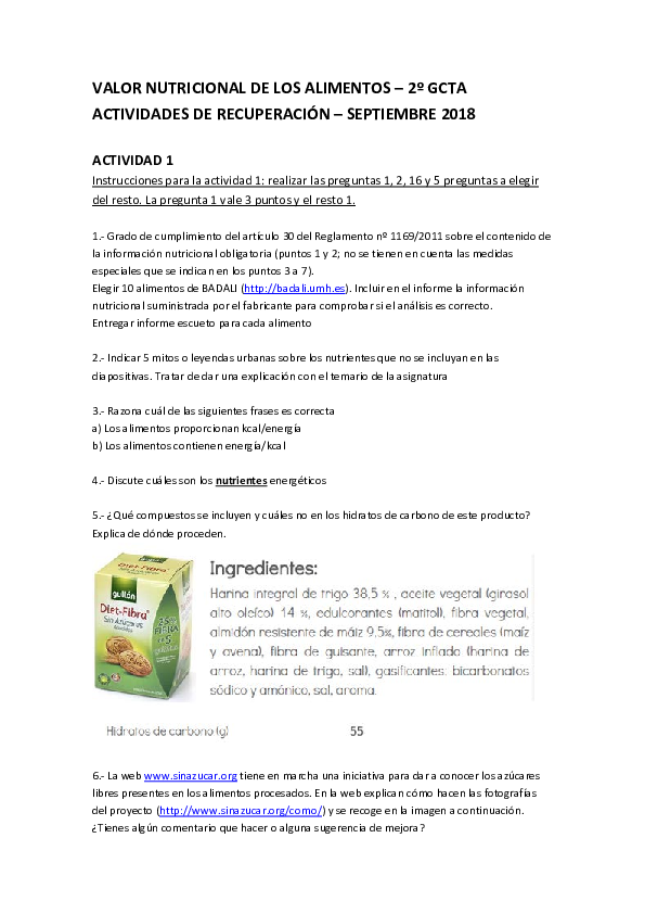 (PDF) VALOR NUTRICIONAL DE LOS ALIMENTOS 2º GCTA ACTIVIDADES DE