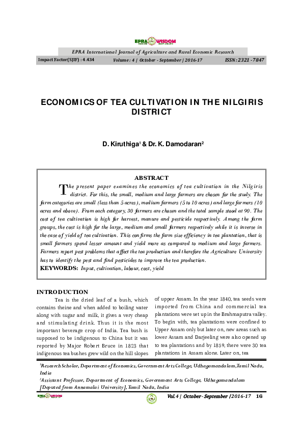 (PDF) ECONOMICS OF TEA CULTIVATION IN THE NILGIRIS DISTRICT K. DAMODARAN Academia.edu