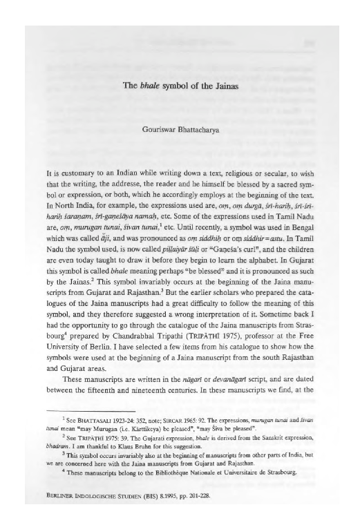First page of “1995 - "The bhale symbol of the Jainas," in: Berliner Indologische Studien (BIS) 8, pp. 201-228”