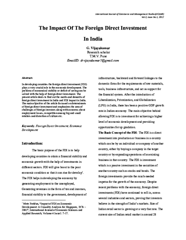 (PDF) The Impact Of The Foreign Direct Investment In India | IJCAMS ...