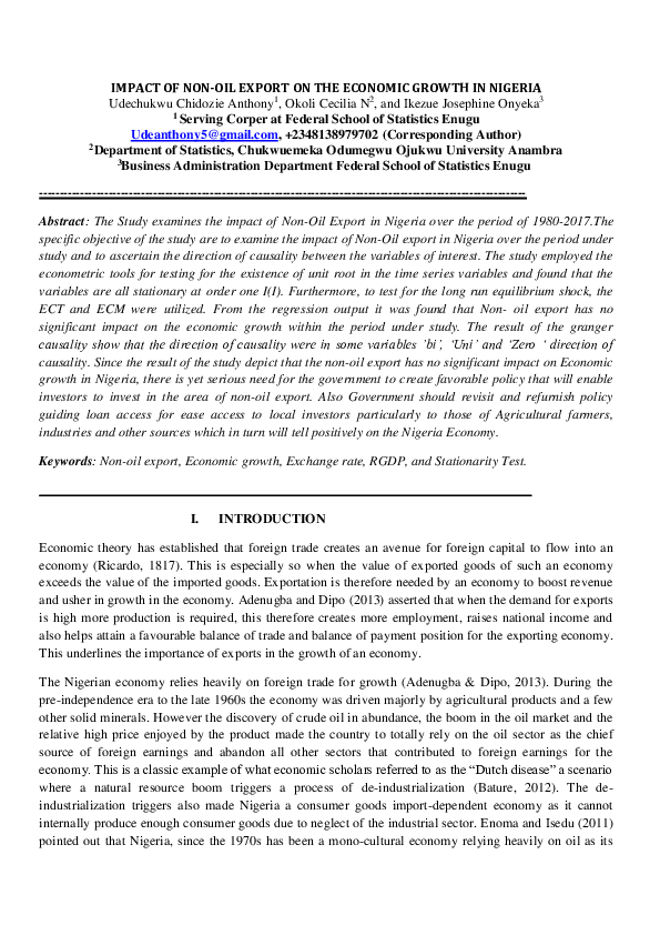 (DOC) IMPACT OF NON-OIL EXPORT ON THE ECONOMIC GROWTH IN NIGERIA