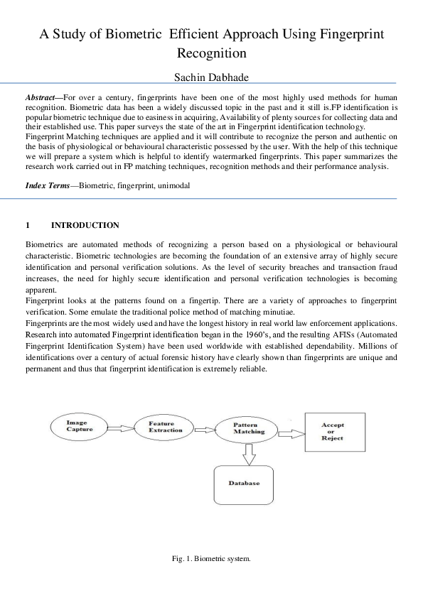(DOC) A Study of Biometric Efficient Approach Using Fingerprint Recognition