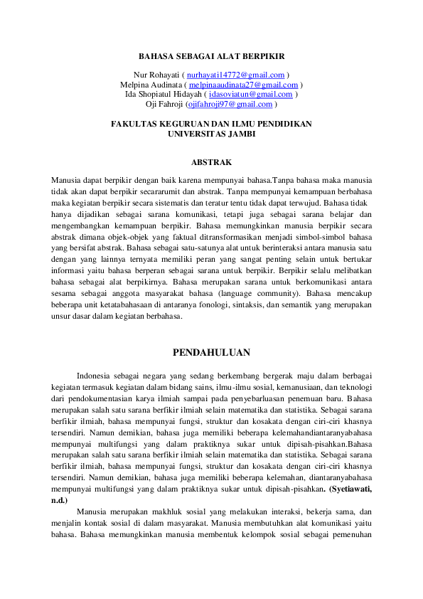 Pdf Bahasa Sebagai Alat Berpikir Nur Rohayati Academia Edu