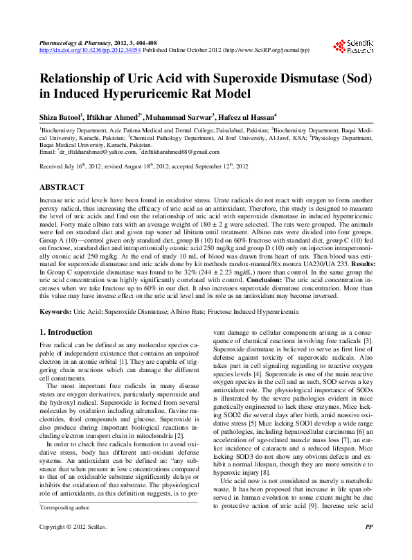 (PDF) Relationship of Uric Acid with Superoxide Dismutase (Sod) in ...