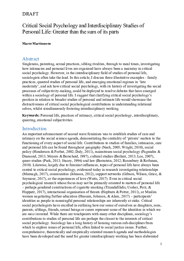 (PDF) Critical Social Psychology and Interdisciplinary Studies of ...