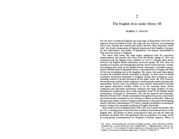 Robert C. Stacey, “The English Jews under Henry III,” in Patricia Skinner, ed., The Jews in Medieval Britain: Sources, Revisions, New Directions (Rochester: Boydell Press, 2003), 41-54