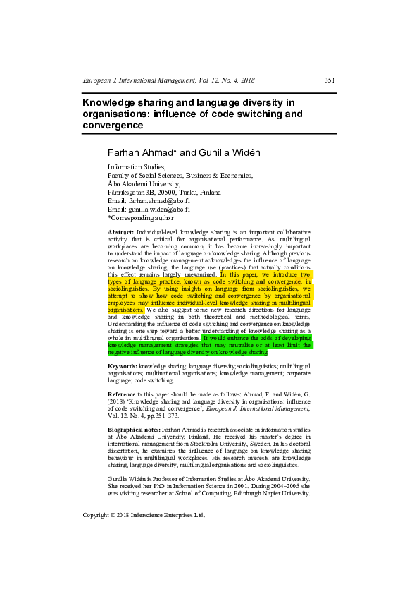 (PDF) Knowledge sharing and language diversity in organisations ...