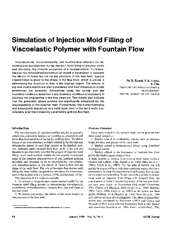 (PDF) Simulation of injection mold filling of viscoelastic polymer with ...