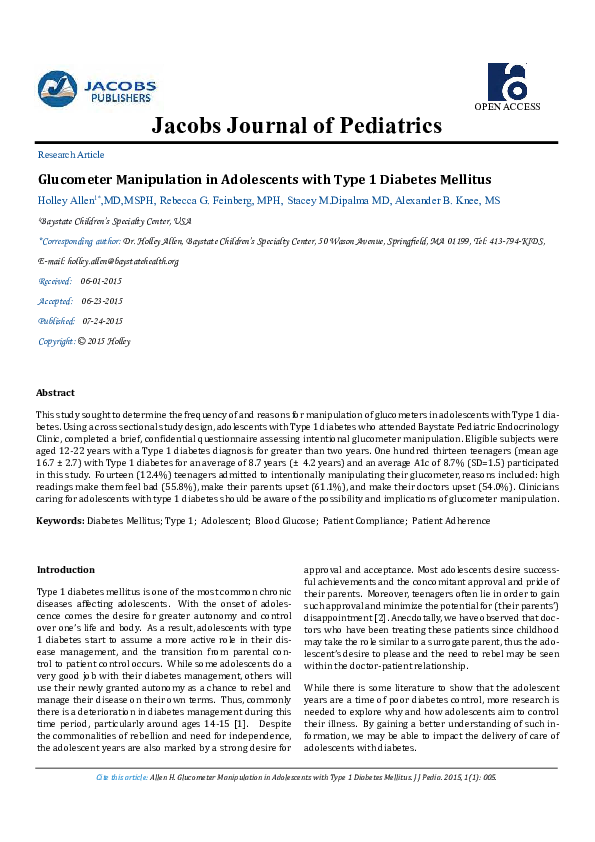 (PDF) Glucometer Manipulation in Adolescents with Type 1 Diabetes ...