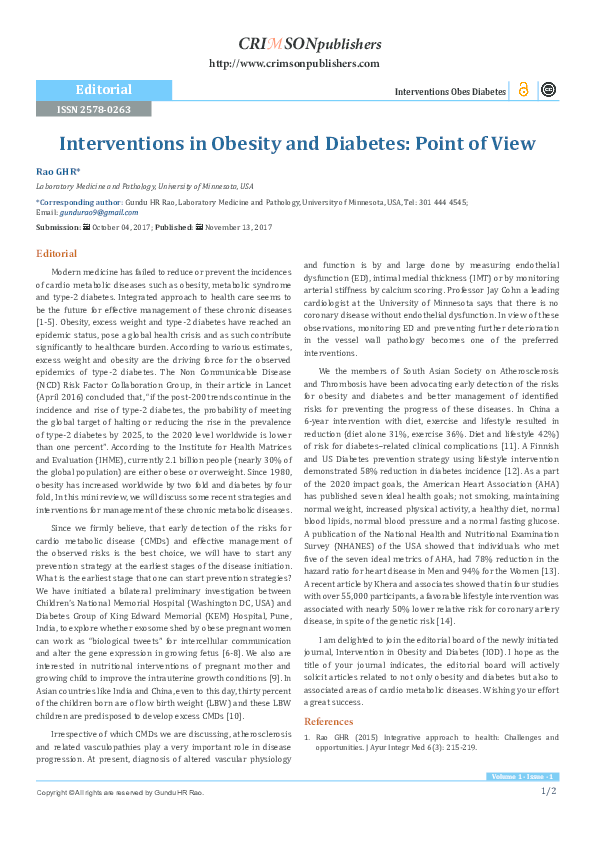 Interventions in Obesity and Diabetes: Point of View -Crimson Publishers