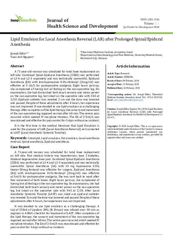 (PDF) Lipid Emulsion for Local Anesthesia Reversal (LAR) after