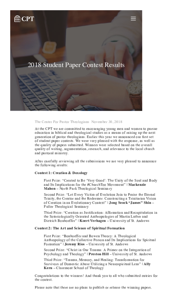 (PDF) Center for Pastor Theologians 2018 Student Paper Contest Award