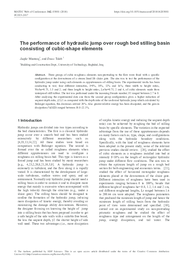 (PDF) The performance of hydraulic jump over rough bed stilling basin ...