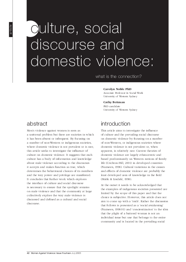 (PDF) Culture social discourse and domestic violence
