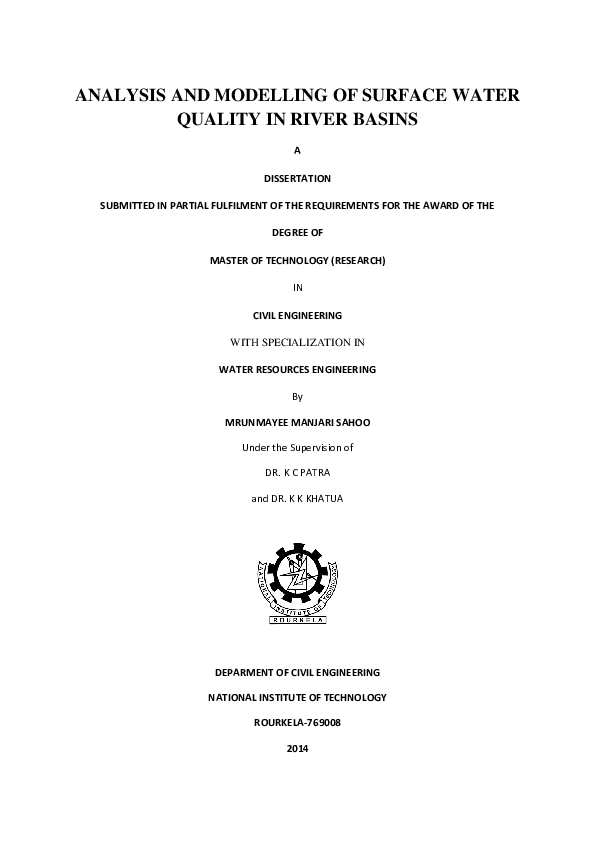 (PDF) ANALYSIS AND MODELLING OF SURFACE WATER QUALITY IN RIVER BASINS