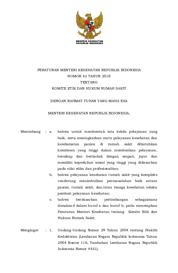 (PDF) PMK No. 42 Th 2018 ttg Komite Etik dan Hukum Rumah Sakit