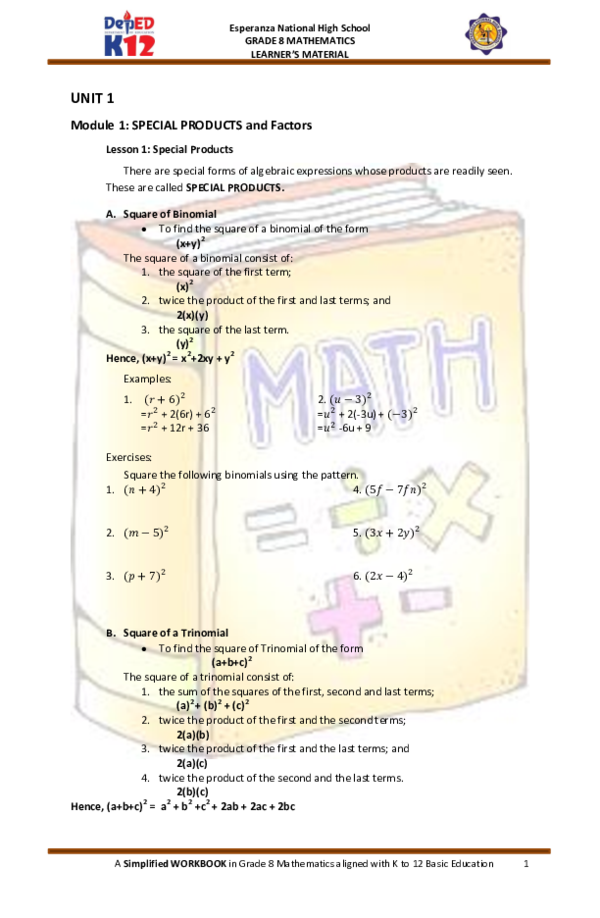 (PDF) Esperanza National High School GRADE 8 MATHEMATICS LEARNER'S