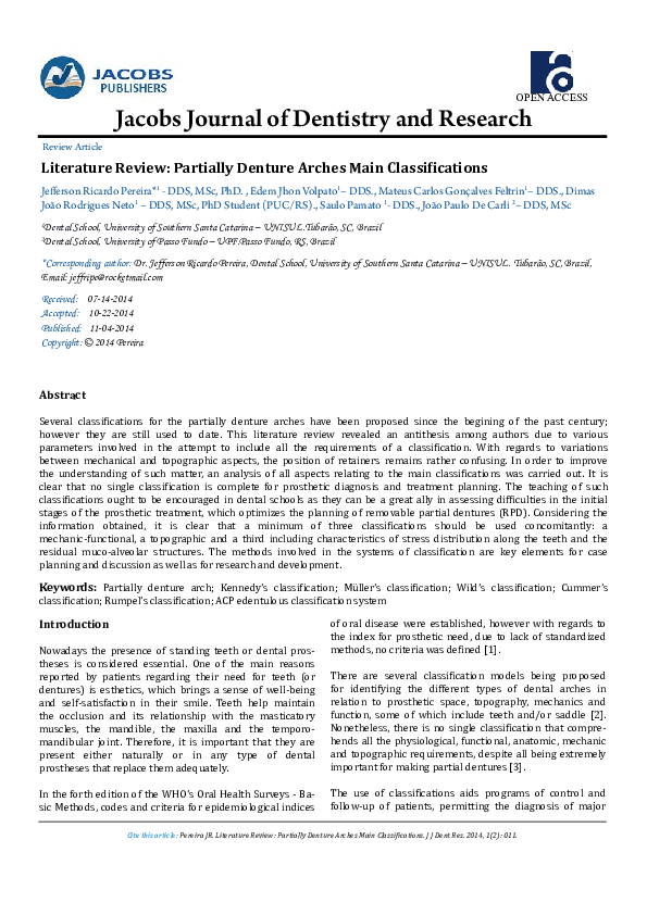 (PDF) Literature Review Partially Denture Arches Main Classifications