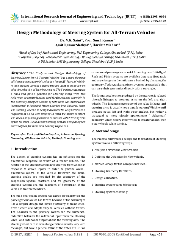 (PDF) Design Methodology of Steering System for AllTerrain Vehicles balaji yachawad