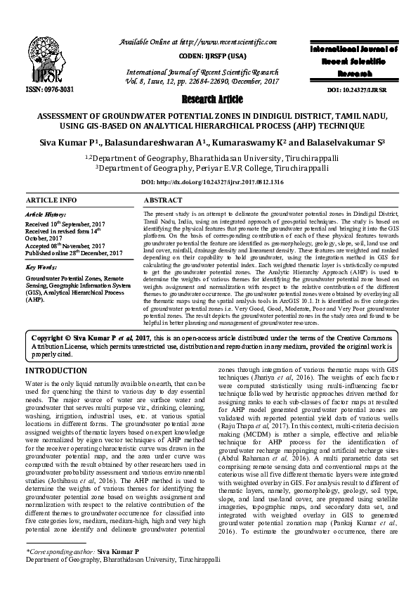 (PDF) Assessment of groundwater potential zones in Dindigul District ...