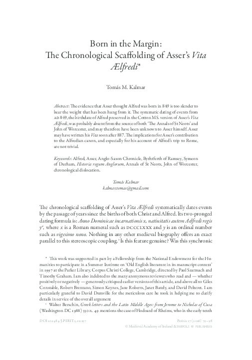 Born in the Margin: The Chronological Scaffolding of Asser’s Vita Ælfredi, Peritia 27 (2016), 79-98.
