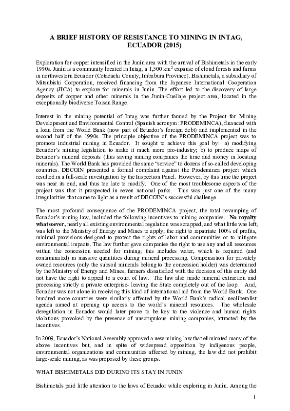 Pdf A Brief History Of Resistance To Mining In Intag Ecuador 2015