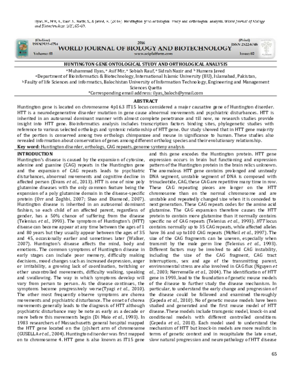 (PDF) HUNTINGTON GENE ONTOLOGICAL STUDY AND ORTHOLOGICAL ANALYSIS