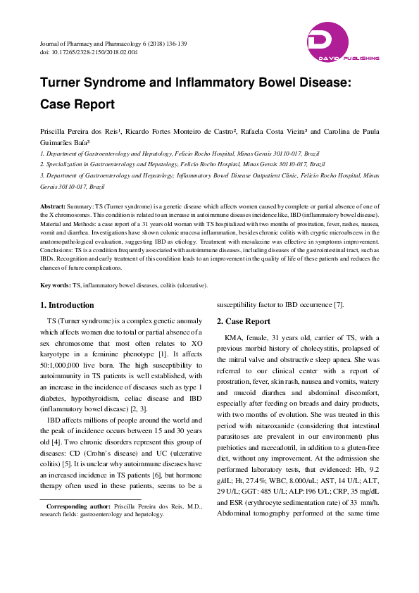 (PDF) Turner Syndrome and Inflammatory Bowel Disease Case Report Journal of Pharmacy and