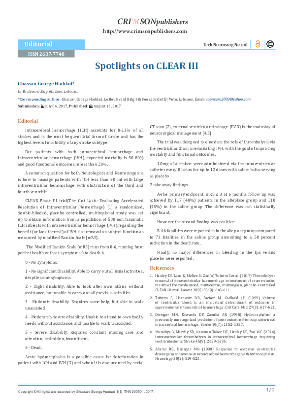 (PDF) Spotlights on CLEAR III Crimson Publishers Neurosurgery